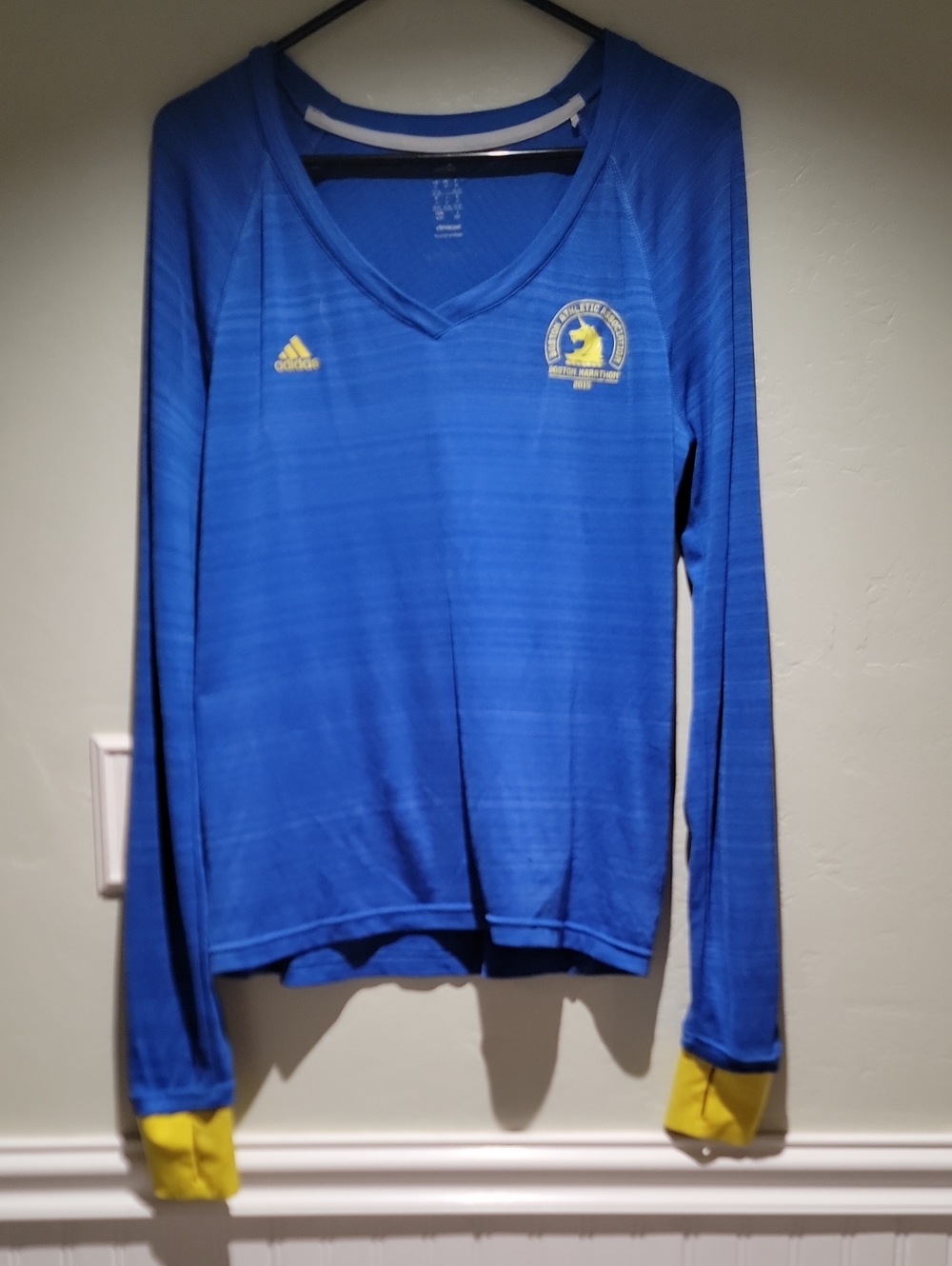 adidas Blue Long-Sleeve V-Neck Top with Yellow Cuffs - Boston Marathon Logo